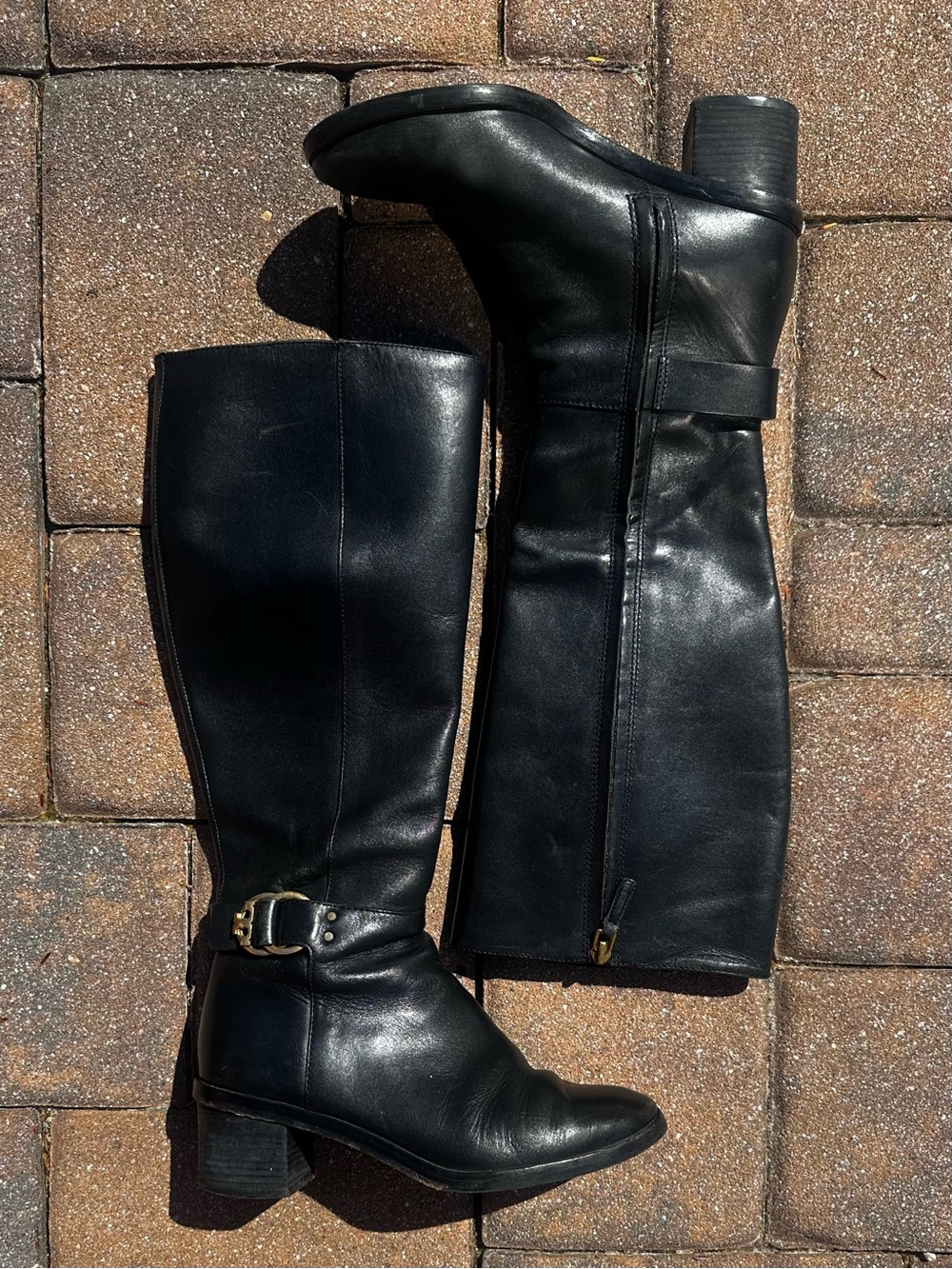 Tory Burch Black Leather Knee-High Boots with Buckle